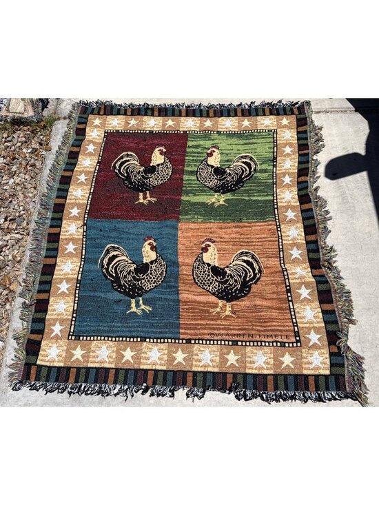 Warren Kimble Other - Vintage Warren Kimble Rooster Chicken Block Tapestry Throw Blanket Fringe 50x60"